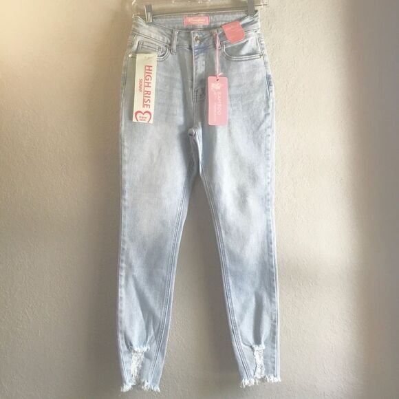 NWT Bamboo light blue jeans distressed look raw hem high rise skinny stretchy - Picture 1 of 5